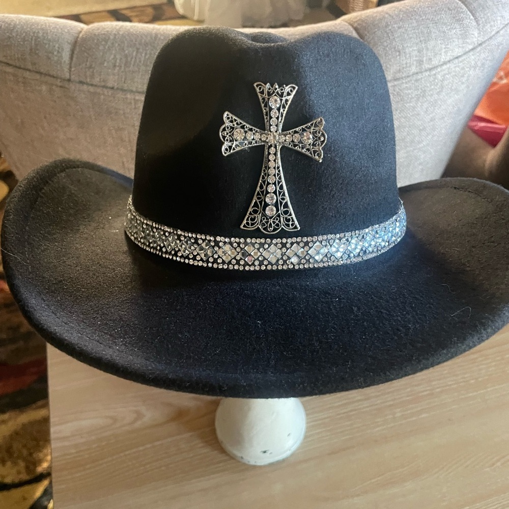 Black Cowboy Hat with Silver Cross and Band